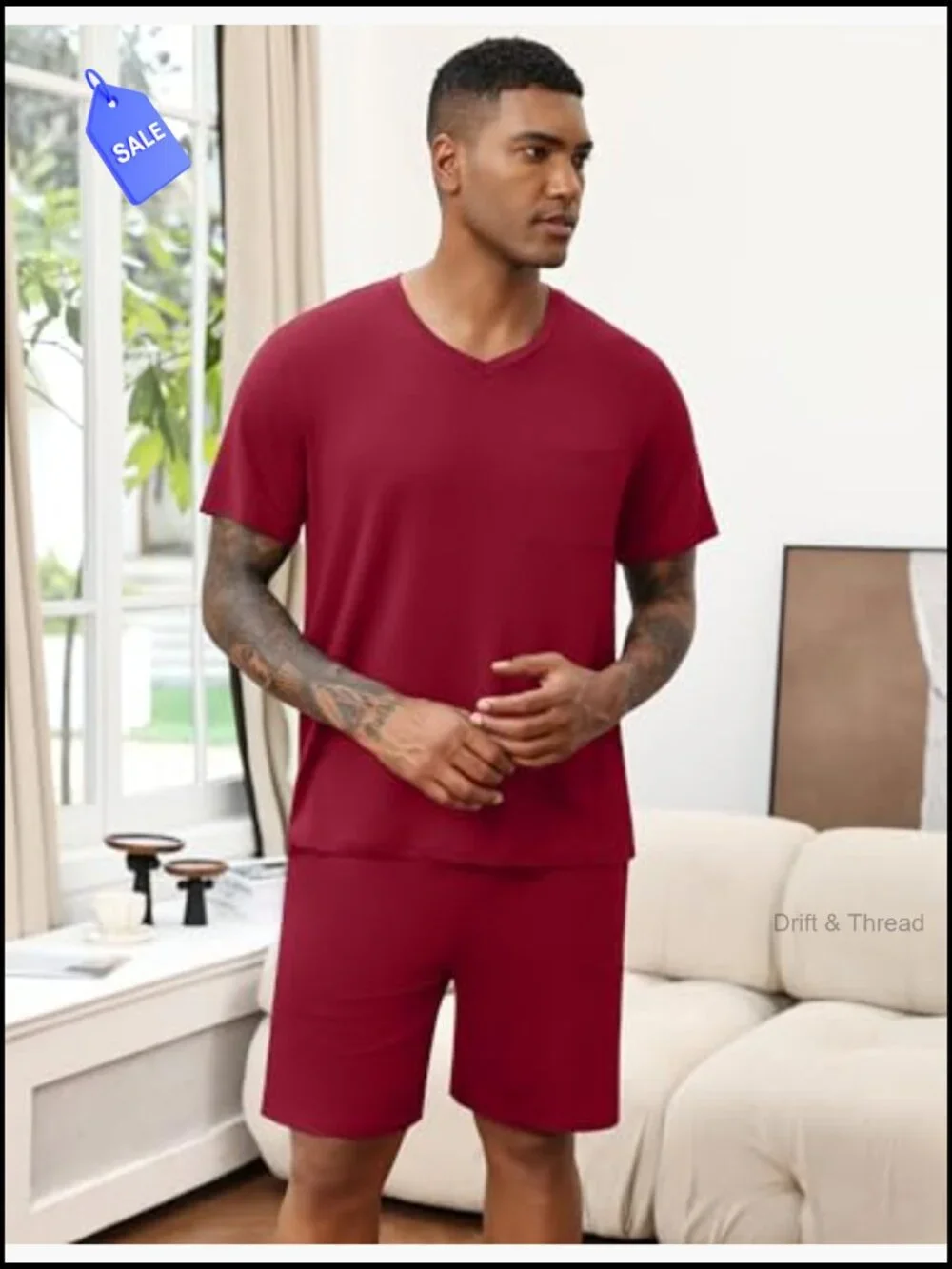 Men's Pajama Set V-Neck Short Sleeve Lounge Set with Pockets S-XXL